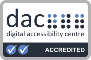 Logo for the Digital Accessibility Centre (DAC). It contains two ticks with the word 